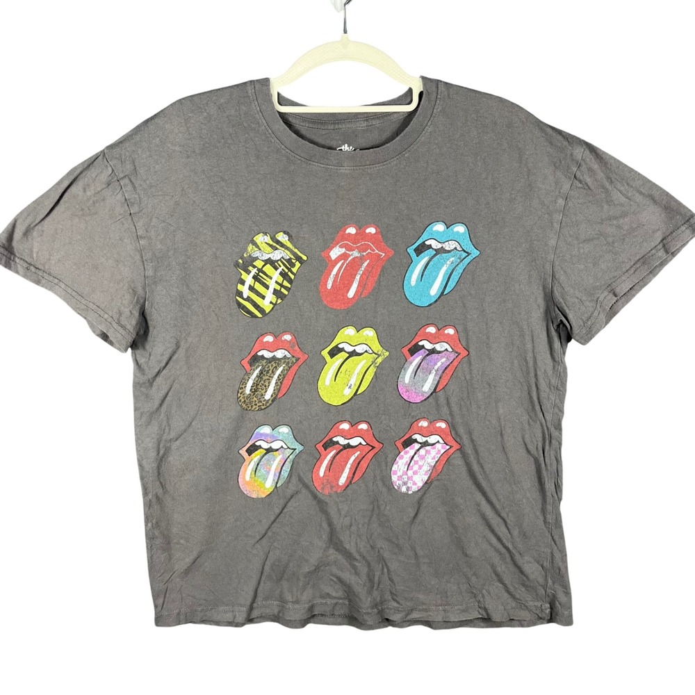 The Rolling Stones Graphic Tee Womens Large Grey Multi Tongue Distressed Print